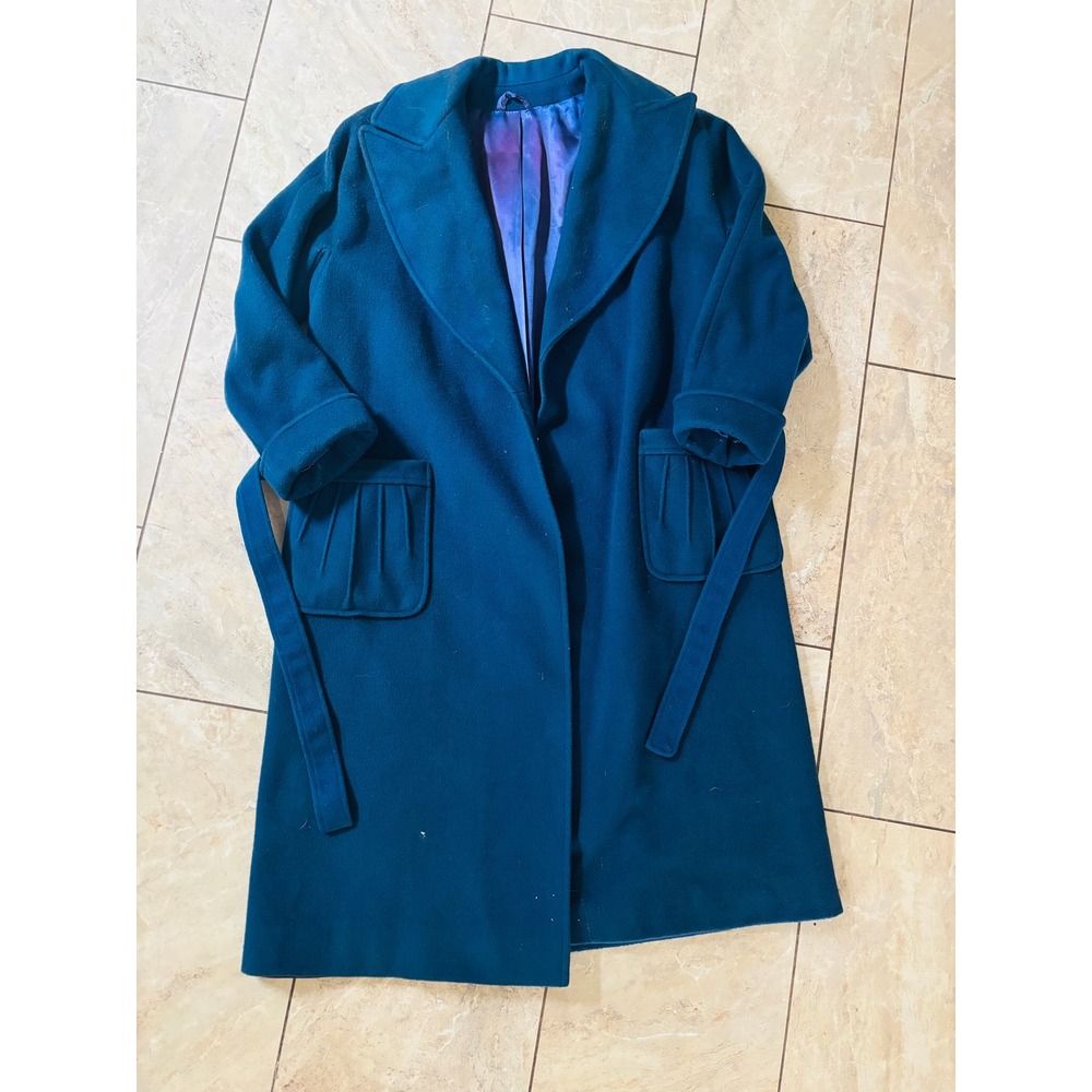 Vintage Ultra-Fina Mr Fred Teal Virgin Wool Wrap Coat Oversized Lapel 70s 80s